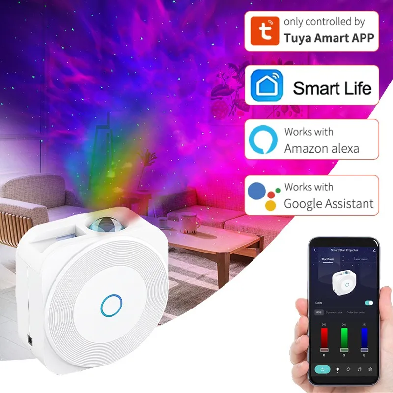 

Умный проектор Tuya со звездами и Wi-Fi, СВЕТОДИОДНЫЙ цветной ночсветильник с ритмом музыки, размахивающий звездным небом, Голосовое управление...