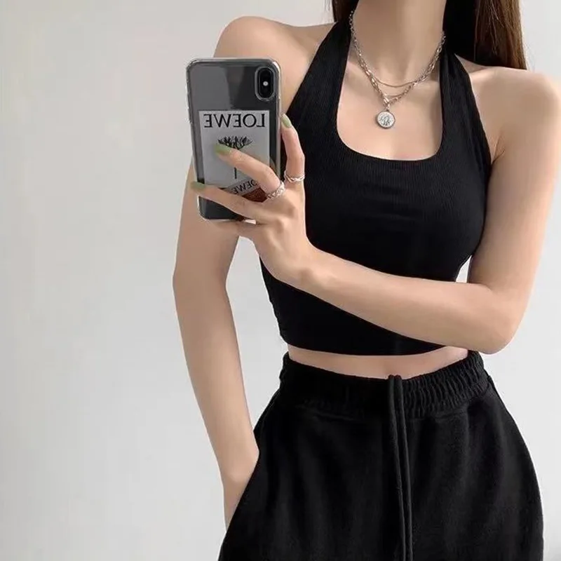 

2021 Ladies Vest Y2K Sexy Slim Halter Sling Women's Solid Color Simple Thread Knit Vest Short Outer Top