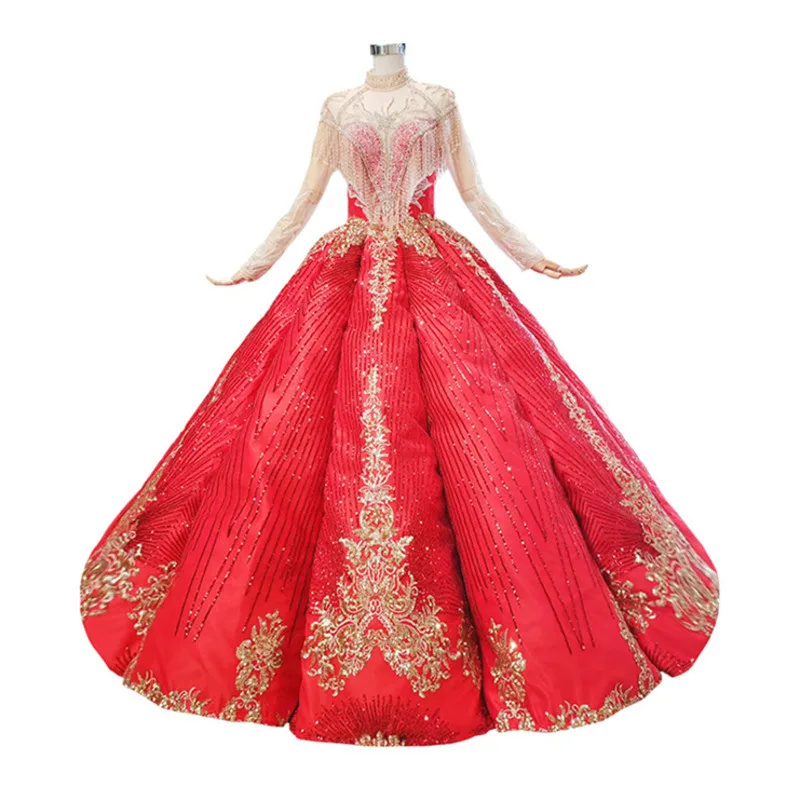 BGW 21824ht красное бальное платье Quinceanera 2020 с высоким воротом и длинным рукавом
