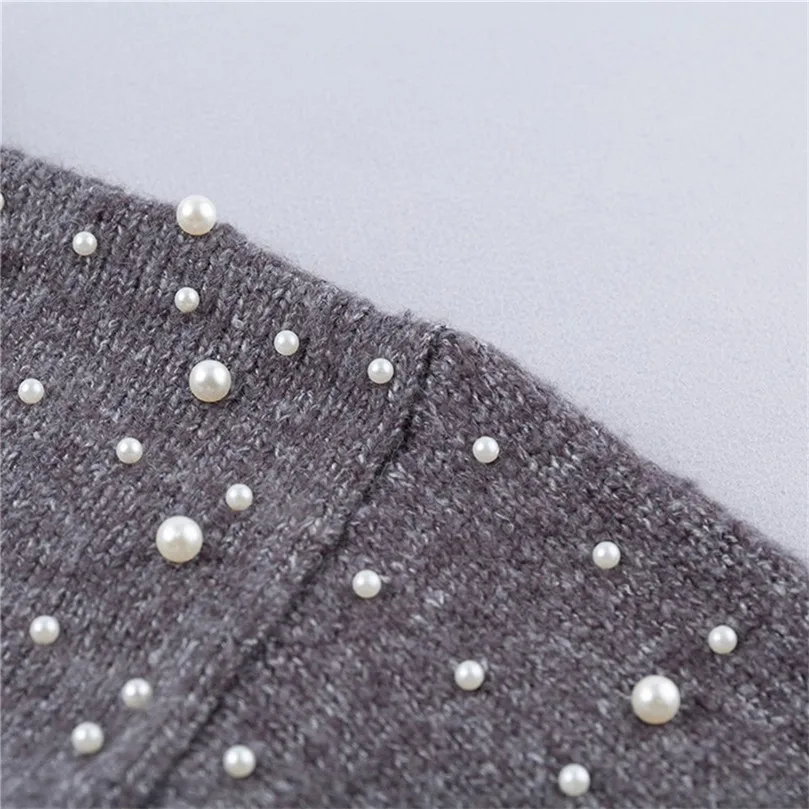 Casual Winter Warm Soft Turtleneck Knitted Sweaters Women Lantern Sleeve Pearl Beading Jumper Sweater Female Loose Gray J23 | Женская