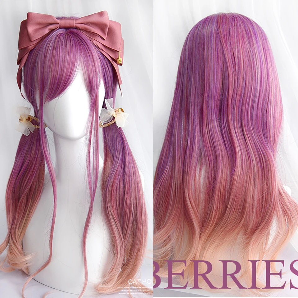 

HUAYA Halloween Cosplay Wig with Bangs Long Wave Purple Ombre Pink Synthetic Hair Wigs for Woman Heat Resistant Lolita Wig