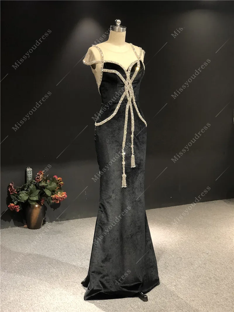 2021 Newest High Quality Custom Real Pictures Black Velvet Mermaid Cape sleeves Heavy Beading Floor Lenght Prom Evening Dress