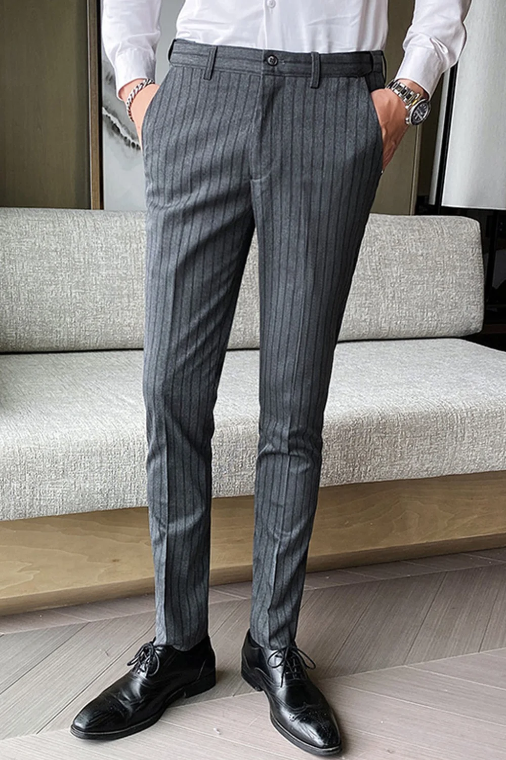 

Men's 2021 Striped Suit Pants Casual Business Dress Pants Formal Social Wedding Trousers Slim Fit Streetwear Costume Homme