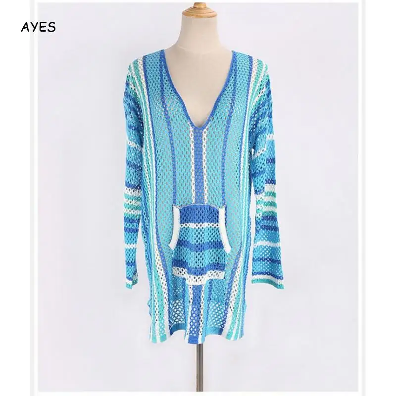 Бикини женское свободное в полоску накидка с V-образным вырезом и длинным рукавом