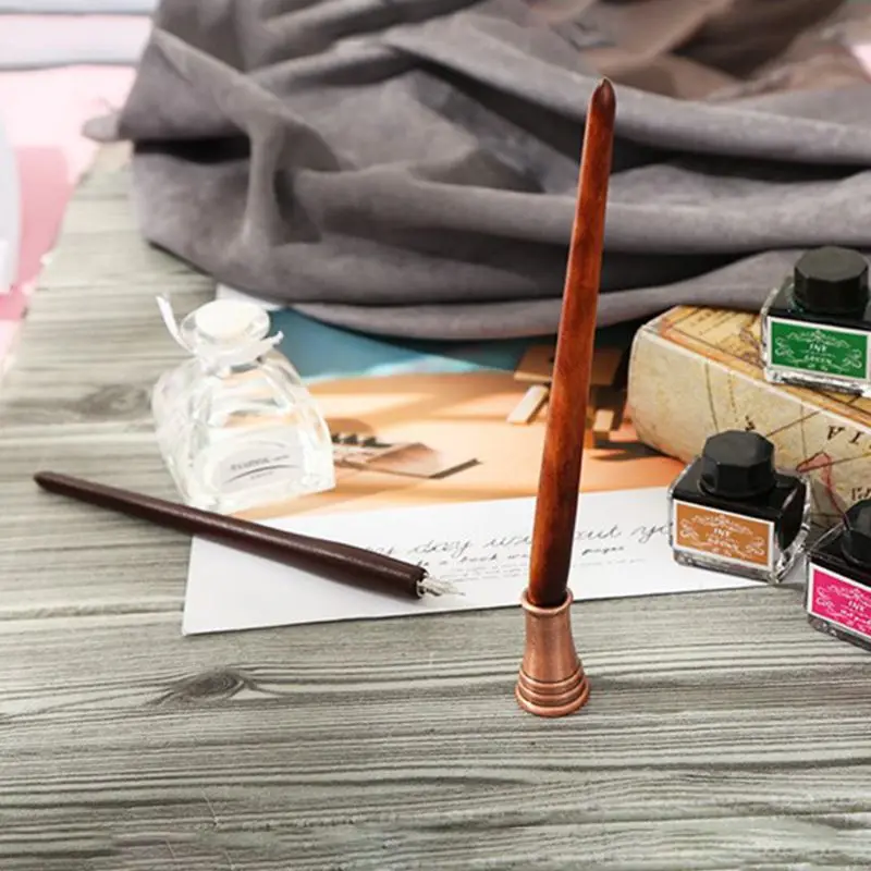 

Wooden English Calligraphy Dip Pen Fountain Pens Holder with Ink Nibs Set Office X3UE