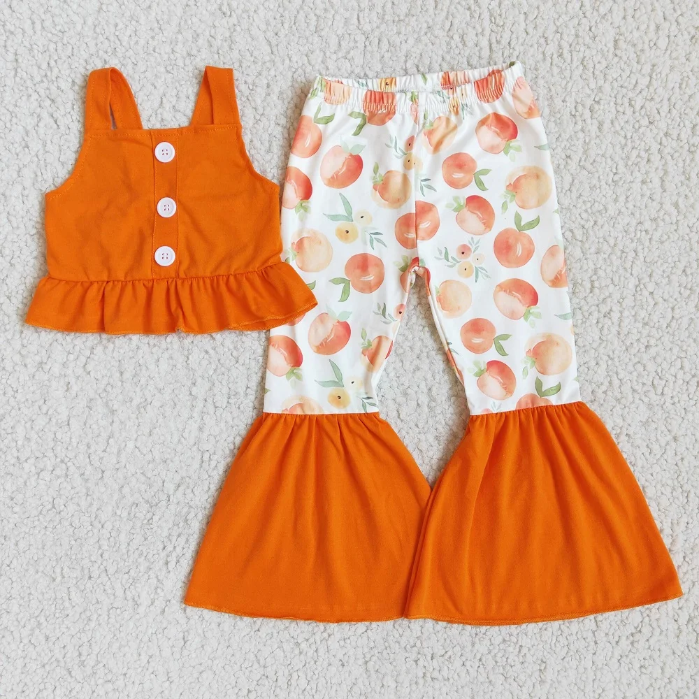 

RTS Kids Spring Wear Fruit Bell Bottom Peach Print Baby Wear Sleeveless Vest Top Orange Ruffle Shirt Girls Outfit