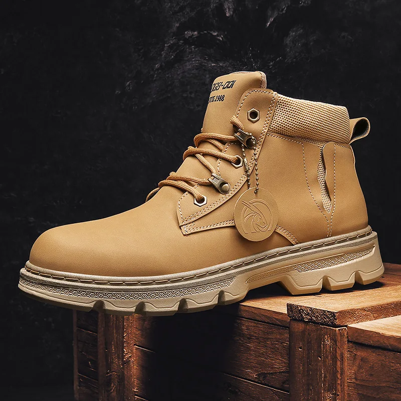 

Красивые мужские ботинки с высоким верхом, Рабочая обувь из искусственной кожи, уличные прогулочные ботильоны, мужские британские короткие ботинки, Теплая мужская повседневная обувь