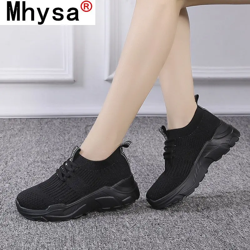 

Women White Sneakers 2021 Fashion Knitted Vulcanized Shoes Platform Lace-up Mesh Breathable Women Casual Shoes Tenis Feminino