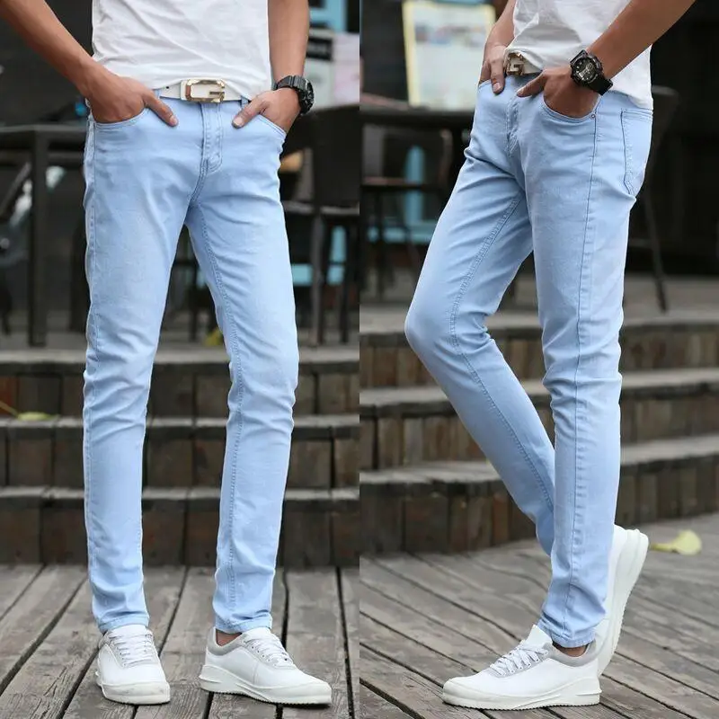 

2019 Spring Summer New Fashion Jeans for Men Casual Solid Colors Stretch Skinny Slim Fit Light Blue Straight Pants