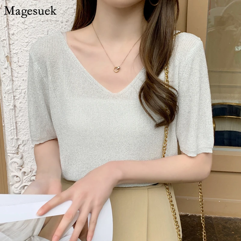 

2021 Summer V-neck Silk Tshirt Women Ice Silk Short-Sleeve Knitwear Tee Shirt Thin Loose Bottom Woman Tshirts Tops Fashion 14328