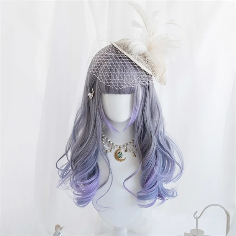 

CosplayMIx 30-70CM Halloween Party Lolita Mixed Blue Purple Ombre Long Curly Short Bob Ponytails Synthetic Bangs Cosplay Wig