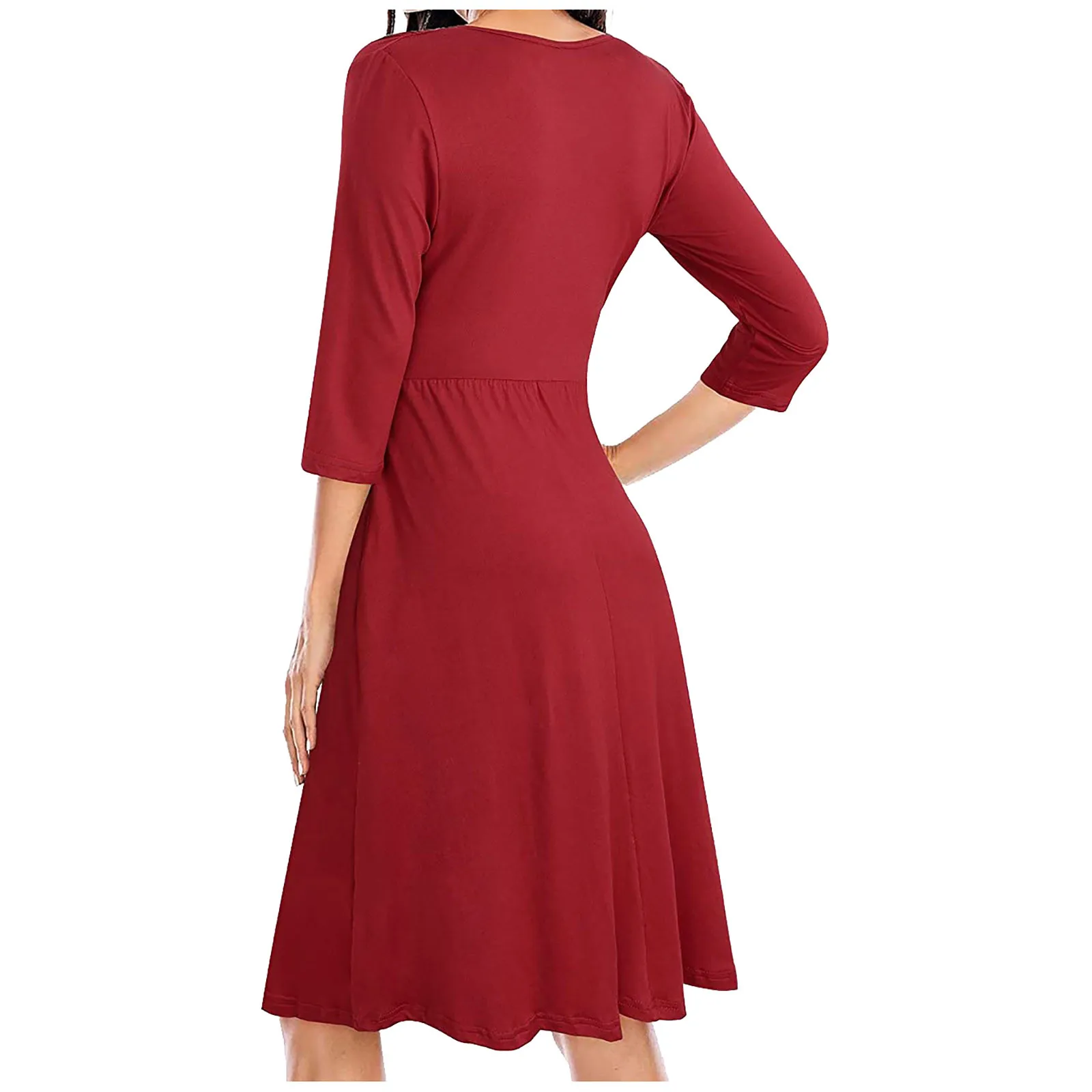 

Spring Women Dress Fashion Office Lady Bohemia Solid Color A-Line Three-quarter Long Sleeve Casual V-Neck Knee-Length Dress