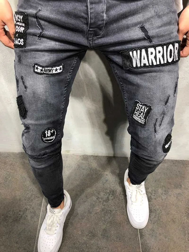Men Gray Ripped Jeans Fashion Embroidery Applique Skinny Distressed Jeans Man Casual Letter Print Denim Pants