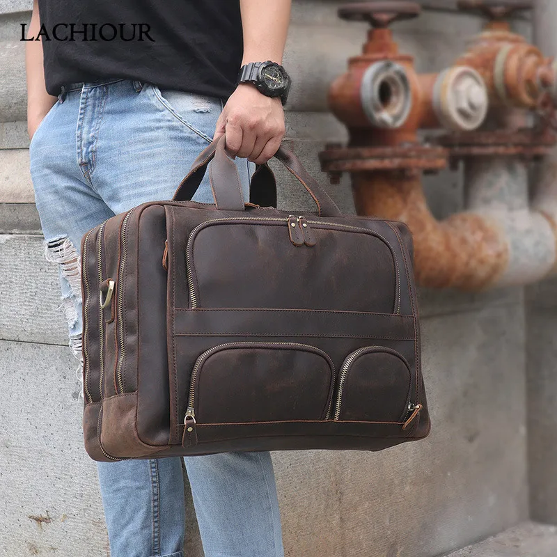 17 inch Laptop Handbags Men Real CRAZY HORSE Genuine Leather Messenger Bag Male Large Travel Shoulder Bag