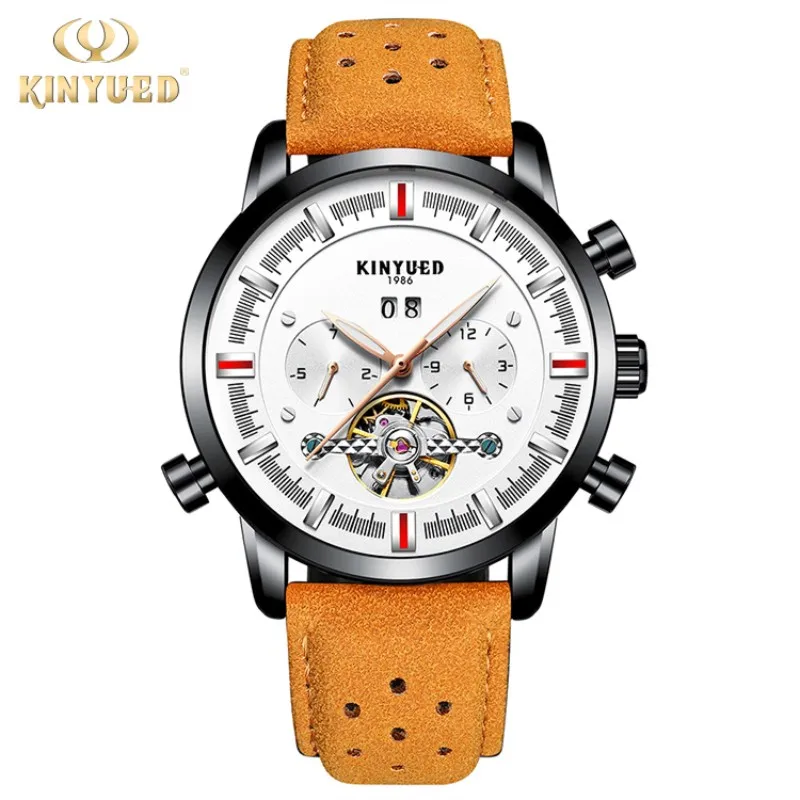 Натуральная KINYUED Jin Yueda мужской кожаный ремешок большой циферблат tourbillon