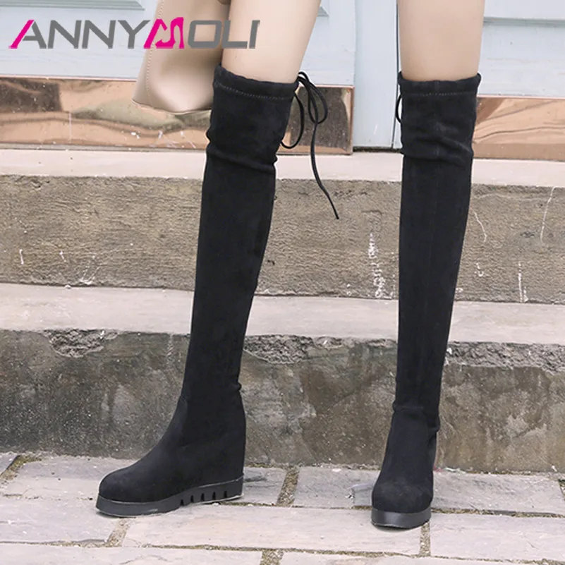 

Ботфорты ANNYMOLI женские на высоком каблуке, облегающие сапоги стрейч, на шнуровке, высокий каблук, черные 43