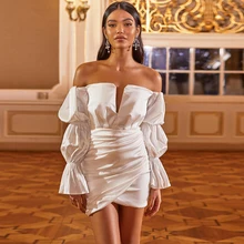 White Sexy Off the Shoulder Cocktail Dresses Strapless Satin Full Sleeves Backless Mini Straight Homecoming Gowns For Girls (2)