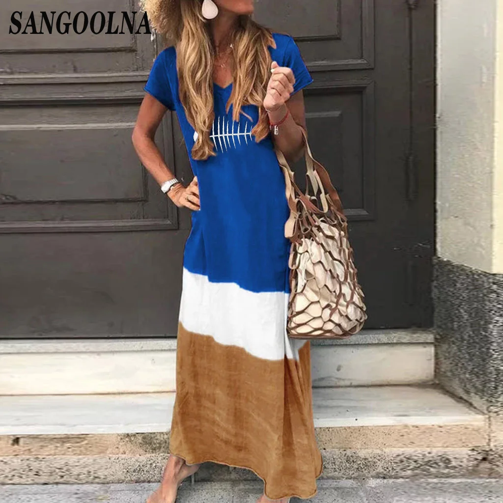 Женское платье макси в полоску с принтом рыбки большие размеры повседневное