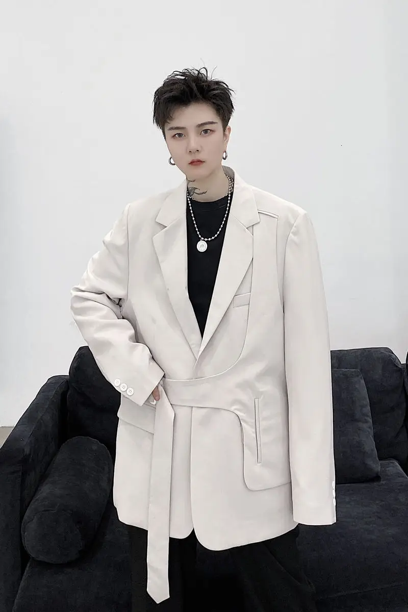 

IEFB /men's wear 2021 spring structure splicing ribbon male's loose single suit coat loose design long sleeve new blazers Y3736