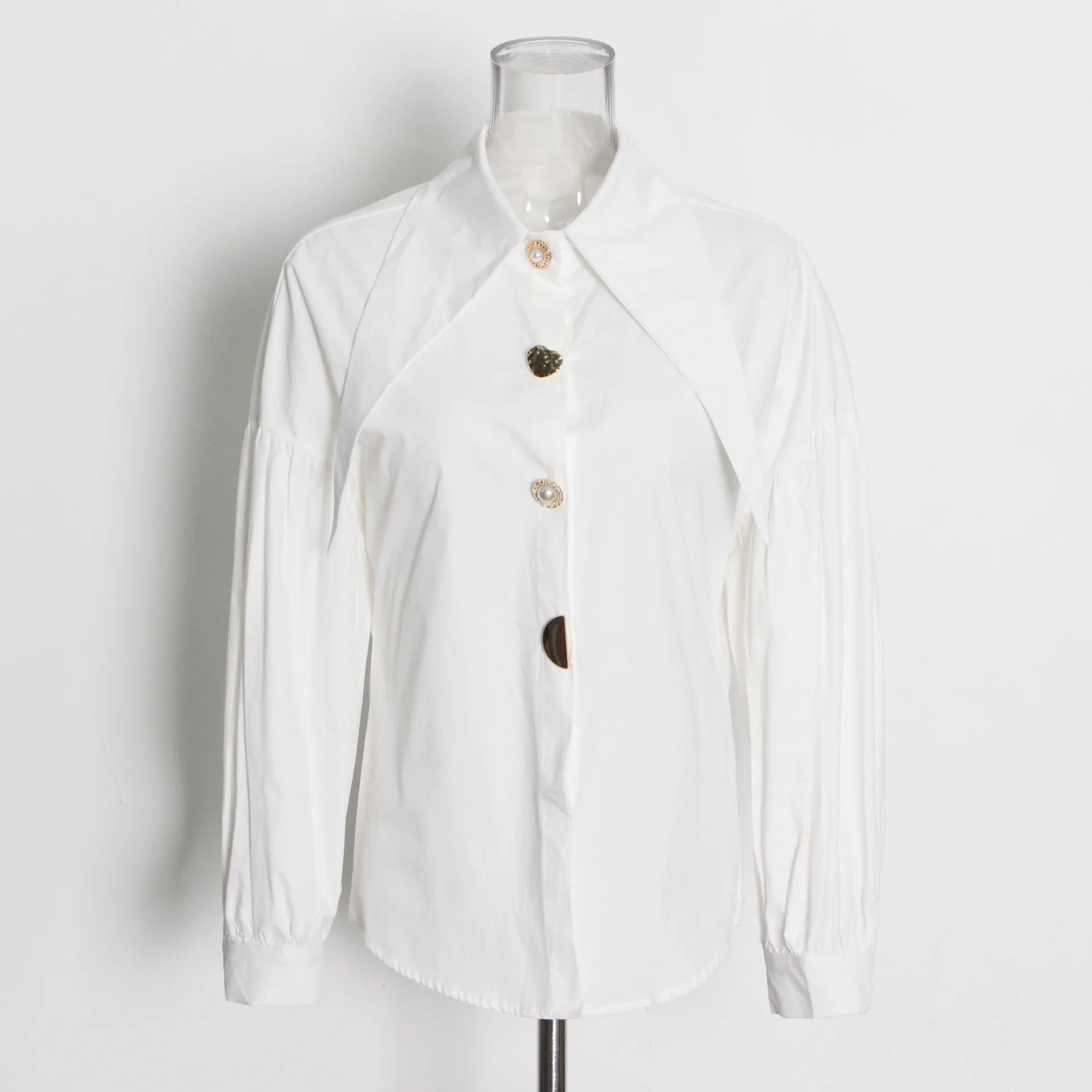 

Solid Color Blouse Women Shirt 2022 Spring Autumn New Designed Single Breast Jewel Decorated Big Turn Down Collar Women Shirt