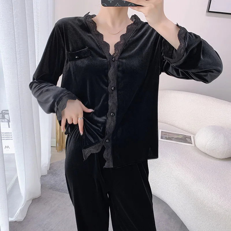 Pajamas for Women New Autumn and Winter Women's Pajamas Gold Velvet Long-sleeved Cardigan Suit Sexy Lace Home Service Sleepwear
