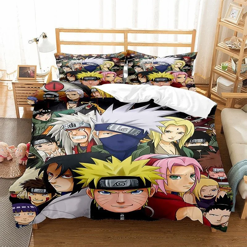 Juego de cama Ninja Uzumaki Uchiha Narutoes, funda de edred&oacute;n, funda de almohada, doble, Queen, King Size, dormitorio para ni&ntilde;os, textiles para el hogar-2