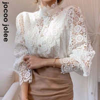 elegant petal sleeve women blouse mesh stand collar out flower lace casual all match t shirts ladies solid sexy hollow out tops
