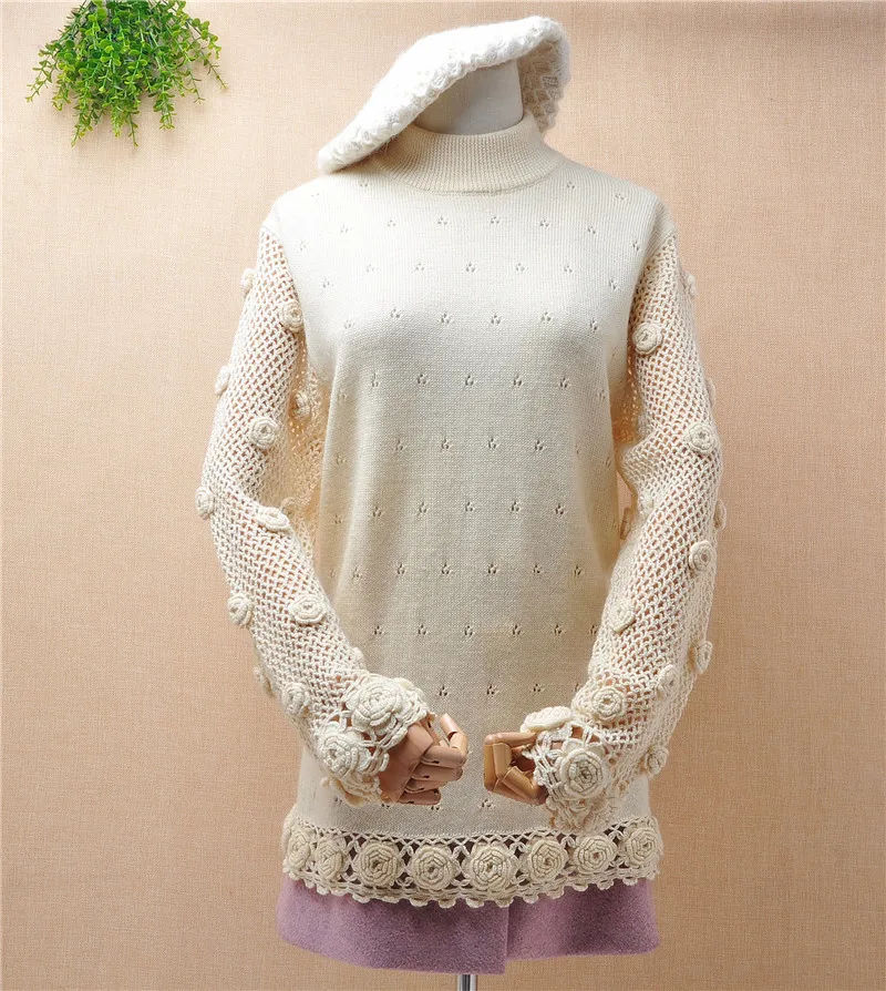 

ladies women vintage 100% wool hand knitted crochet flower hollows autumn winter slim o-neck blouses jumper sweater pull tops