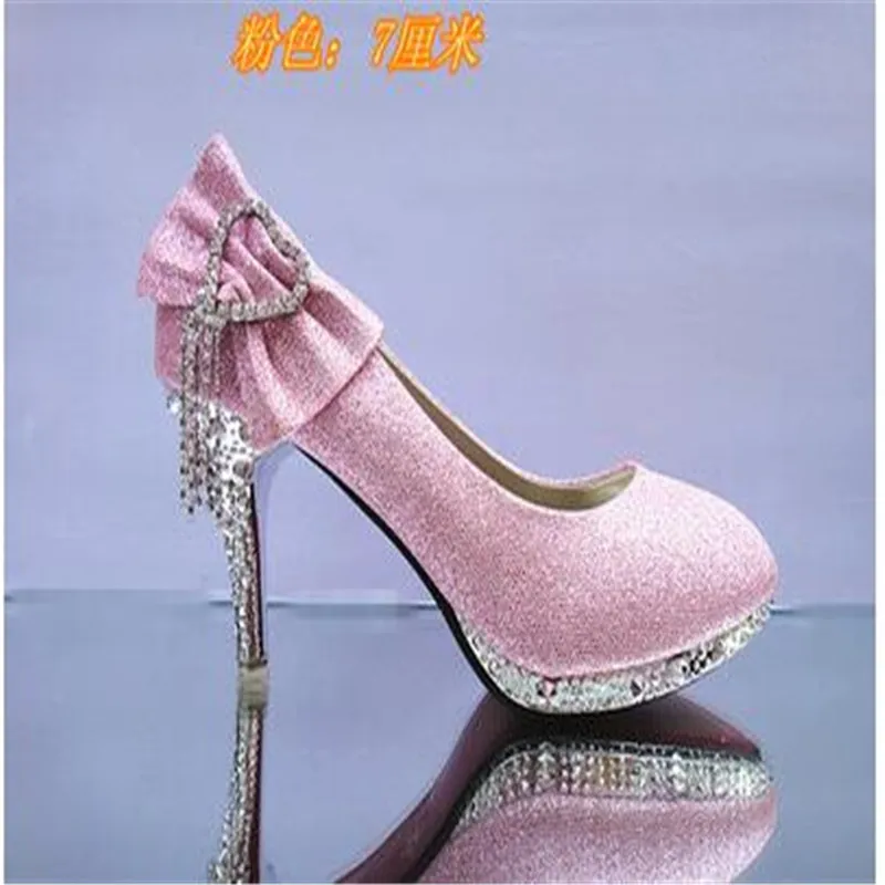 pink 7cm Новая Элегантная женская обувь осень-зима свадебные туфли на высоком каблуке тонкие туфли со стразами и бантом на шпильке 7 см/10 см/11 см - Цвет: pink 7cm