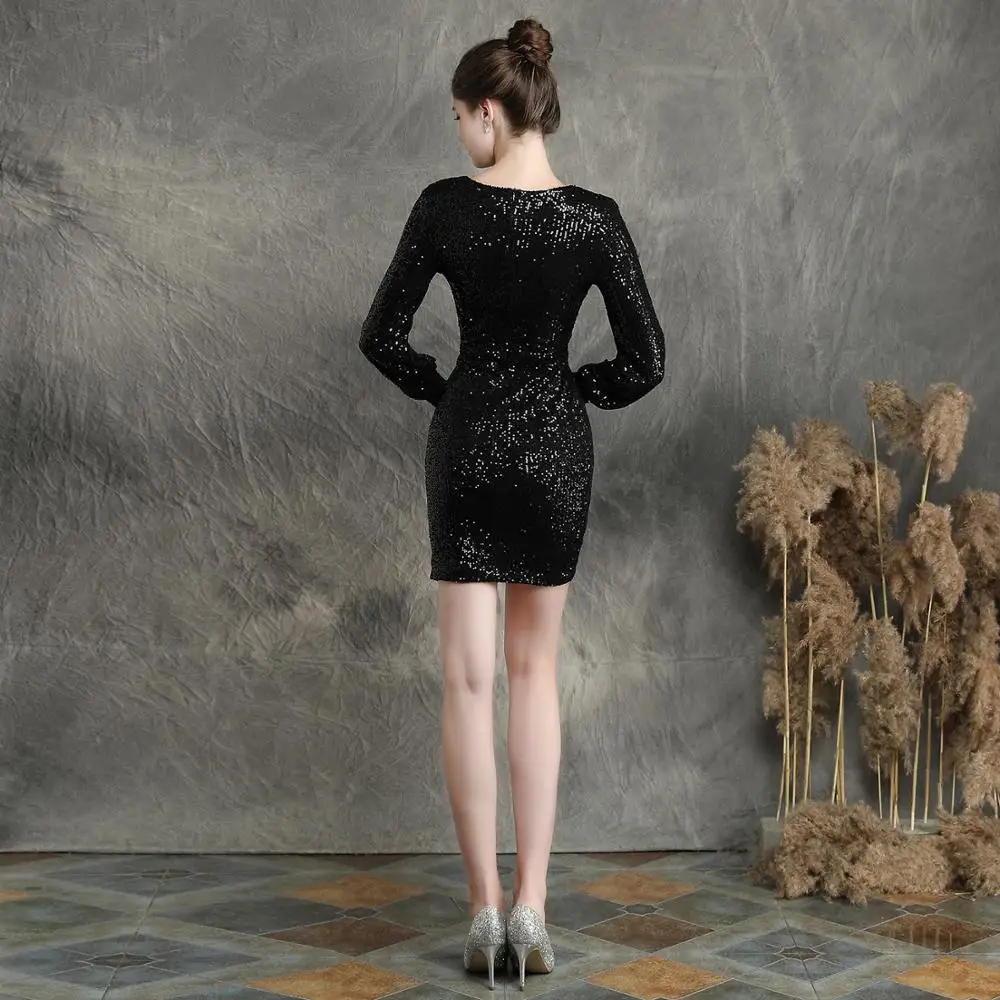 Robe Courte Black Party Dresses Short Mini Sequin Long Sleeve Dress Rochii Elegante Sexy Glitter Nightclub Vestidos | Женская одежда