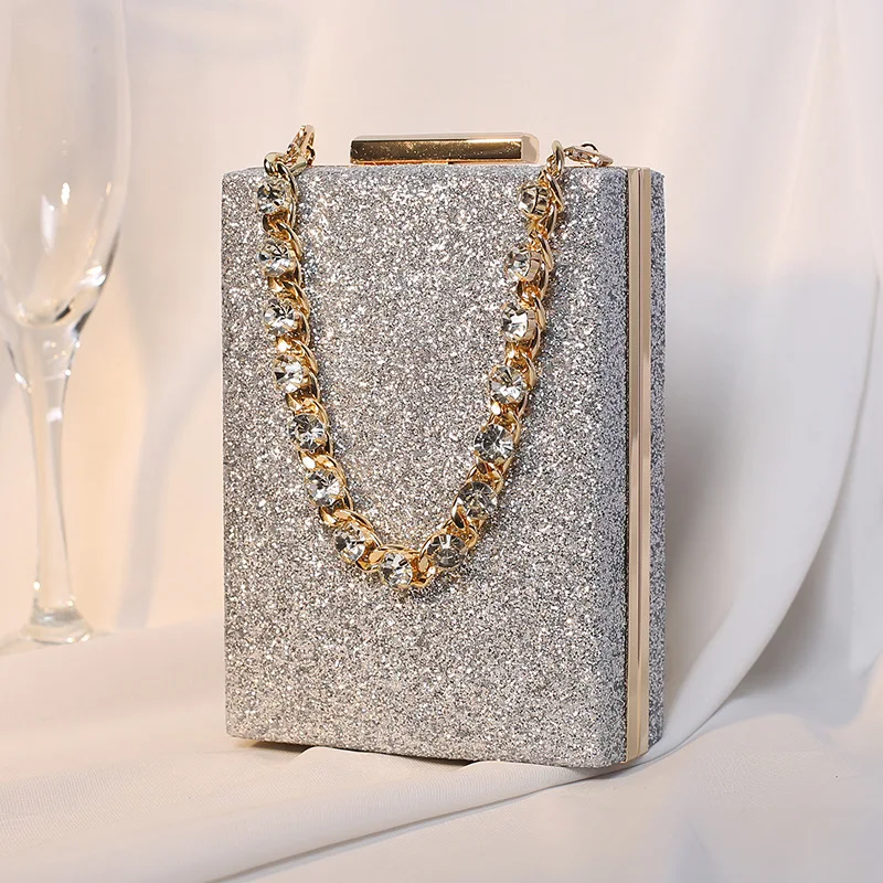 

Luxury Rhinestone Chain Messenger Small Square Bag Ladies Banquet Bridal Dress Clutch Shiny Bright Pink Handbag Party Coin Bag