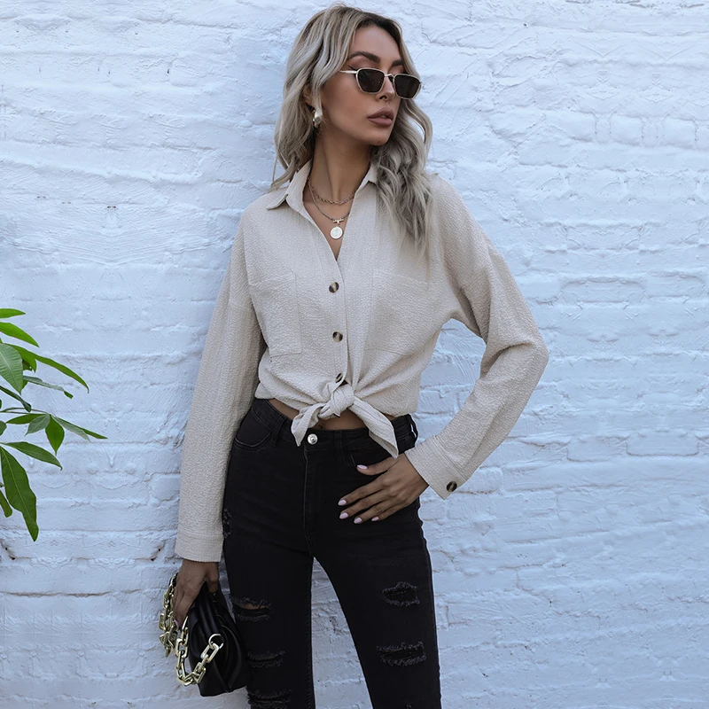 

Retro lapel shirt European and American solid color long-sleeved casual cardigan women's spring and autumn new suit collar shirt