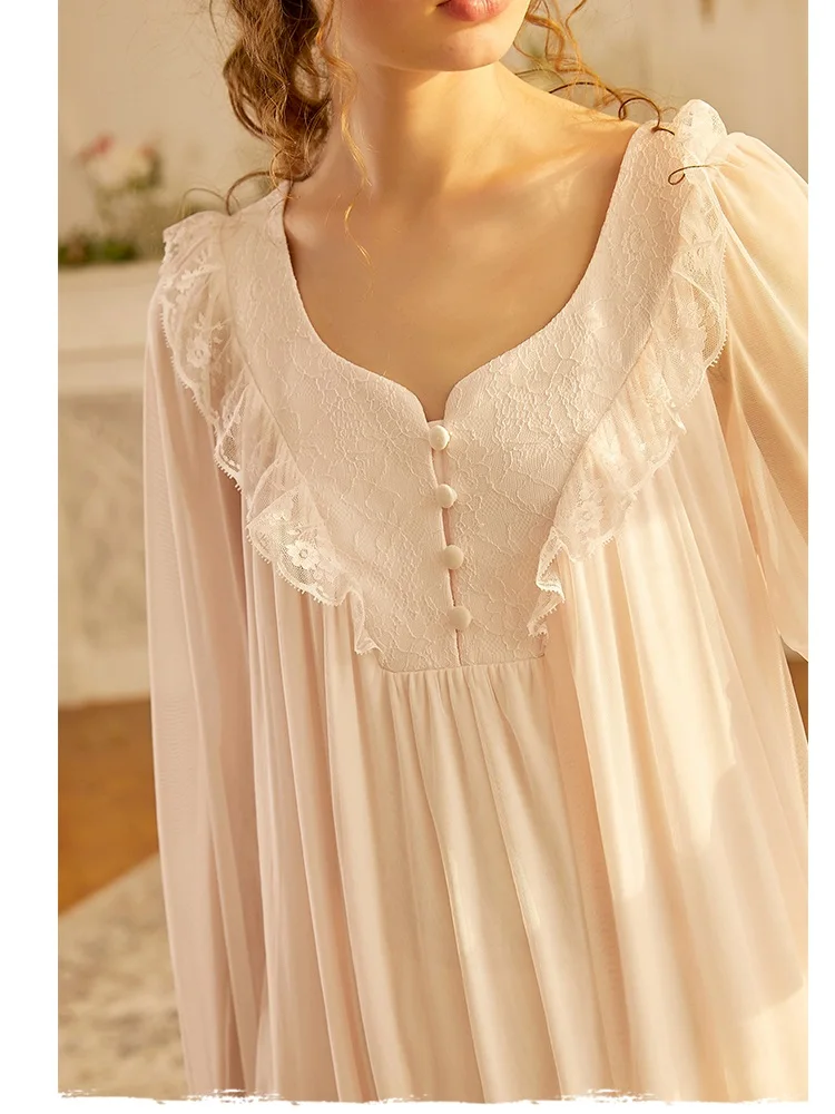 

Spring Summer Vintage Women's Cotton Long Sleepwear Royal Princess Luxury Gauze White Lace Long Nightgowns Elegant Nightwear