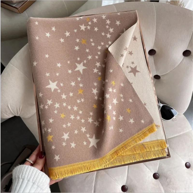 

2023 шарф из искусственного кашемира с принтом звезд, двухстороннее толстое одеяло, женские шали, шейный платок Bufanda, модный платок из пашмины