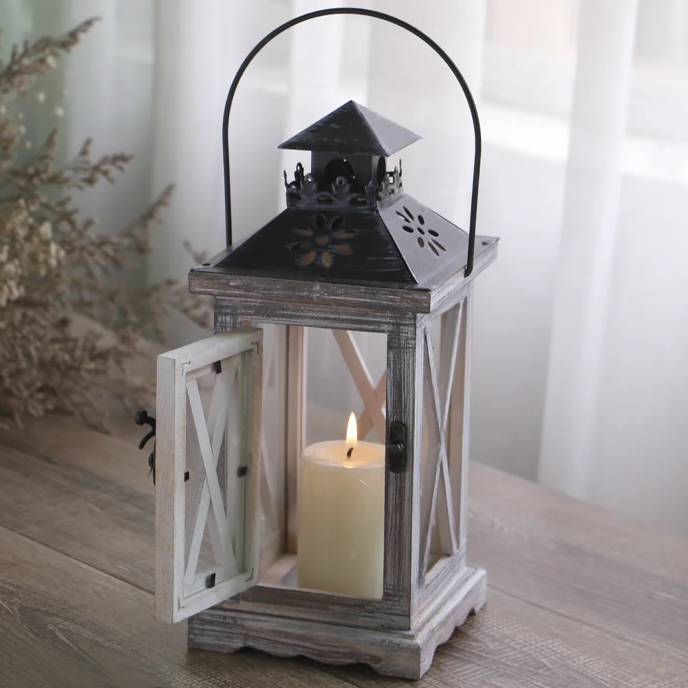 

European style wooden candle holder wind lamp home bedroom living room decoration revolving lantern glass retro home decore