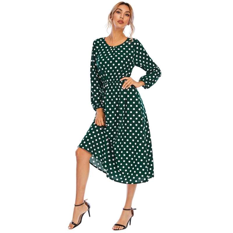 

Summer Women Dress Point Print Chiffon Beach Dress Ladies O Neck A-Line Sexy Party Dress