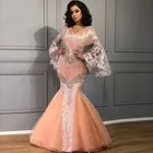 Женское вечернее платье-Русалка Abaya, Персиковое платье с длинными рукавами, аппликациями из бисера, V-образным вырезом и кисточками, вечернее платье
