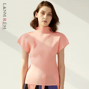 LANMREM 2022 летняя новая плиссированная простая Приталенная футболка с половинным высоким воротником женские универсальные маленькие топы с короткими рукавами эластичные AR354