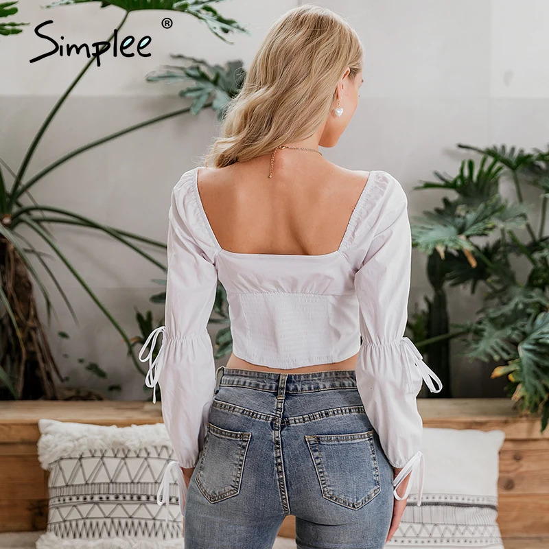 Simplee Vintage elegant white women blouses shirt Casual button blouse twist lace up Spring summer holiday blusas mujer shirts | Женская