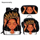 Детские школьные рюкзаки Nopersonlity 3 шт.компл., черные королевские африканские девушки, волшебные книжные сумки с принтом, комплект женских сумок в африканском стиле
