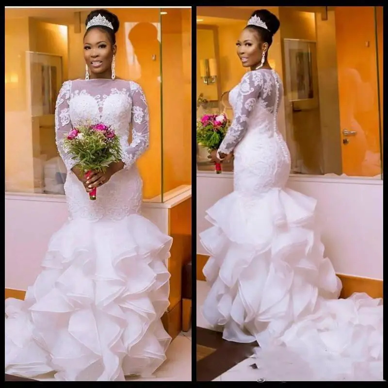 

Arabic Lace Mermaid Nigerian Wedding Dresses 2020 Long Sleeves Tiered Court Train Bridal Gowns Beaded Ruffled Organza Vestido