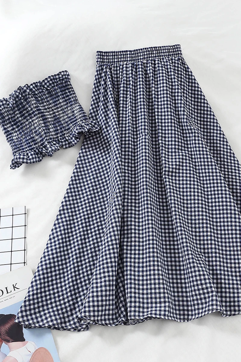 

Blue/Black Plaid 2pcs Set Women Summer Sexy Sleeveless Short Strpless Camis + High Waist Big Swing Skirt Female Fashion Set 2021
