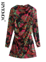 kpytomoa women 2021 fashion floral print pleated mini dress vintage flowing neck long sleeve female dresses vestidos mujer