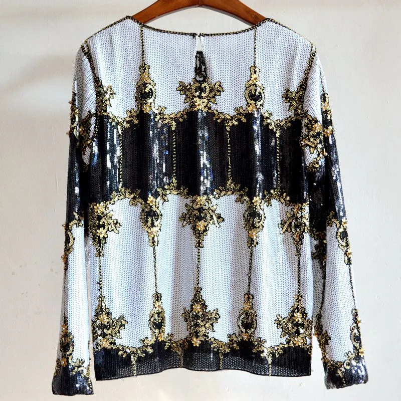 

New Fall and Winter 2019 Amazon Cross border Heavy Industry Nail Bead Colour Sequin Top Long Sleeve Sleeve Lace Shirt