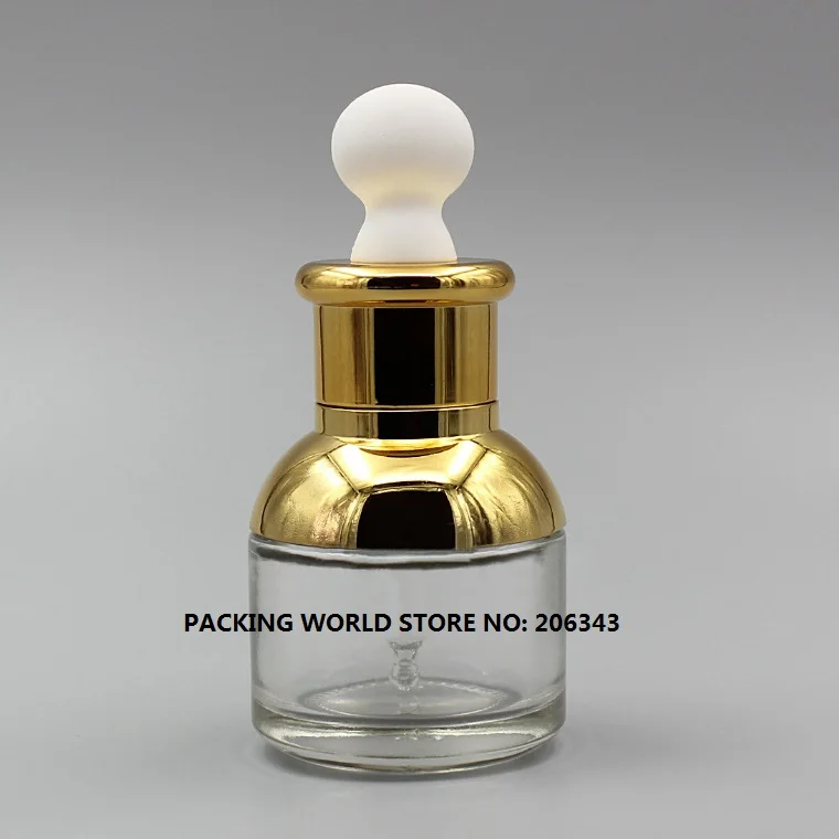 

30ml transparent glass dropper bottle with gold shoulder and gold collar white bulb for oil/serum/essence/liquid dropper bottle