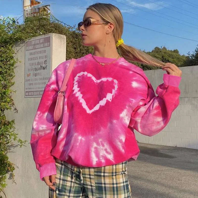 Толстовка женская оверсайз с принтом сердечек повседневный Свободный свитшот