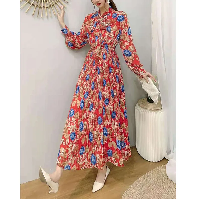 Женское платье с длинным рукавом и принтом v образный вырез бант пышные рукава