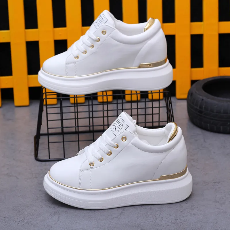 Женские кроссовки QWEDF со скрытым каблуком кожаные туфли на платформе обувь