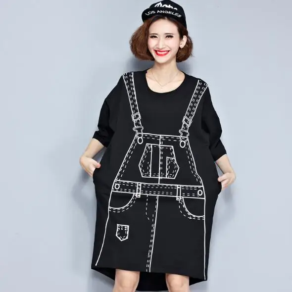 Осеннее платье размера плюс футболка с 3D рисунком Хлопковая женская Hlaf модная