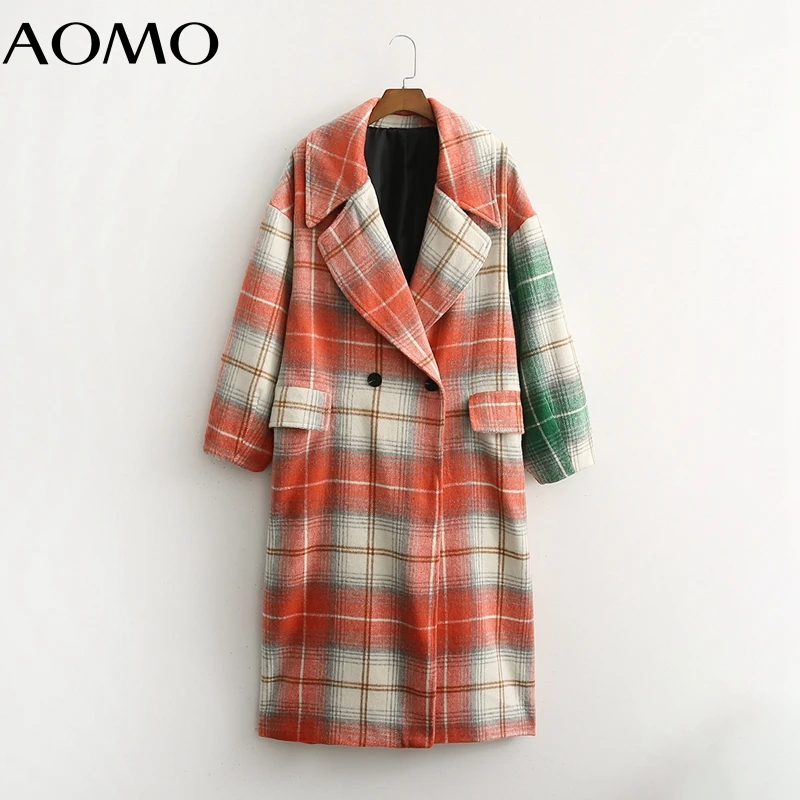 

AOMO 2021 Winter Women Thick Warm Plaid Patchwork Woolen Coat Pockets Office Lady Outerwear Chic Long Overcoat 1D120A
